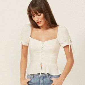 Reformation White Holland Top Peplum Button Smocked, Size 2